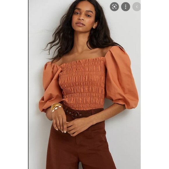 Anthropologie Tops - Orange Anthropologie Smocked Bodice Puff Sleeve Crop Top Blouse (NWT)
